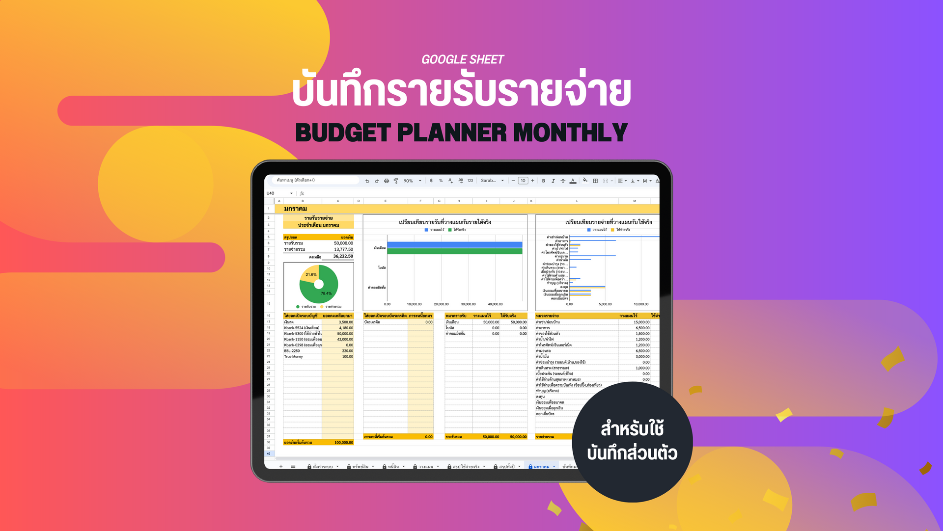 Template รายรับรายจ่ายเพื่อใช้ส่วนตัวพร้อม Budget Planner Monthly