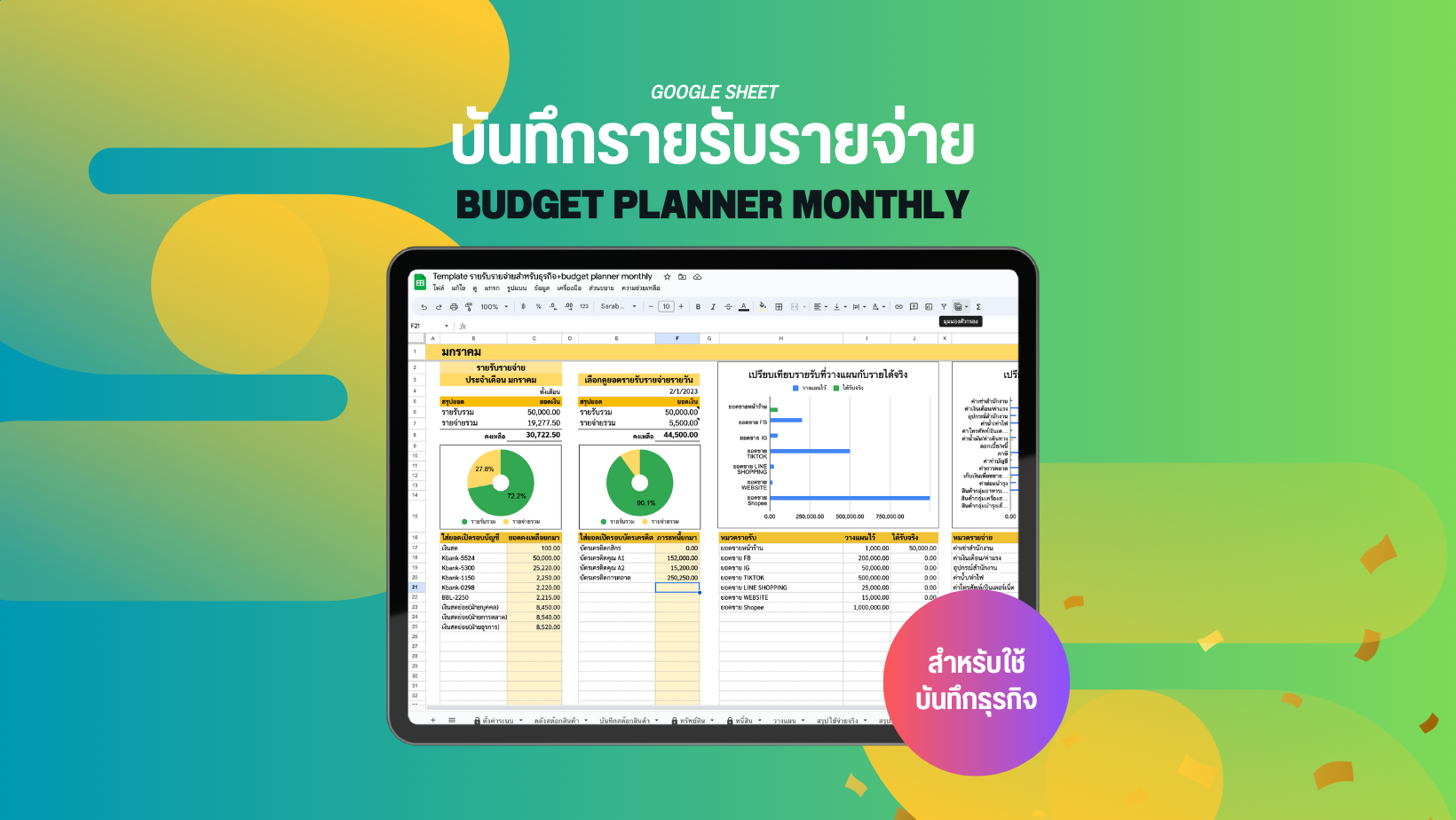 Template รายรับรายจ่าย สำหรับธุรกิจ แบบมี Budget Planner Monthly