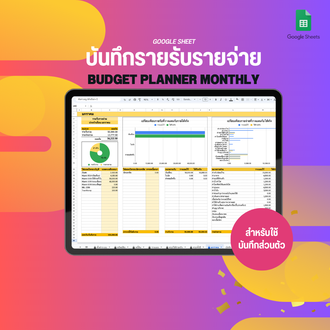 Template บันทึกรายรับรายจ่ายส่วนตัว แบบมี Budget Planner วางแผนการใช้จ่ายล่วงหน้าได้