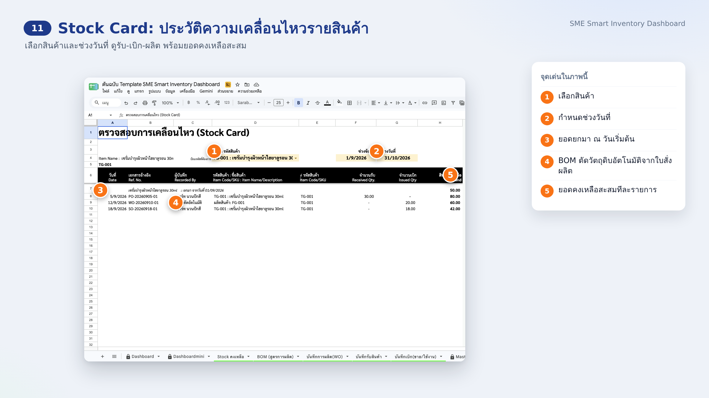 11 · Stock Card: ประวัติความเคลื่อนไหวรายสินค้า