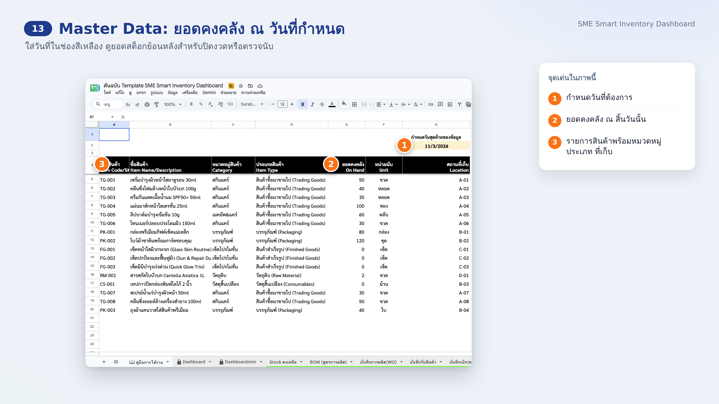 13 · Master Data: ยอดคงคลัง ณ วันที่กำหนด